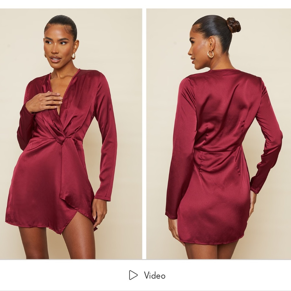 NWOT-Burgundy Satin Long Sleeve Wrap Dress